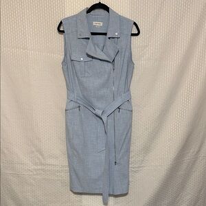 #862 Calvin Klein Light Blue Sleeveless Zip-Front Belted Midi Dress